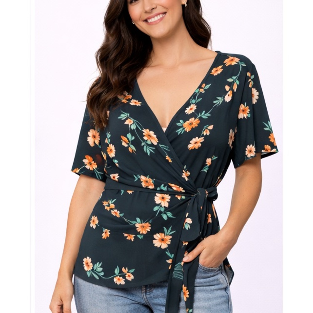 torrid Dark Teal Floral Wrap Blouse with Orange Blossoms